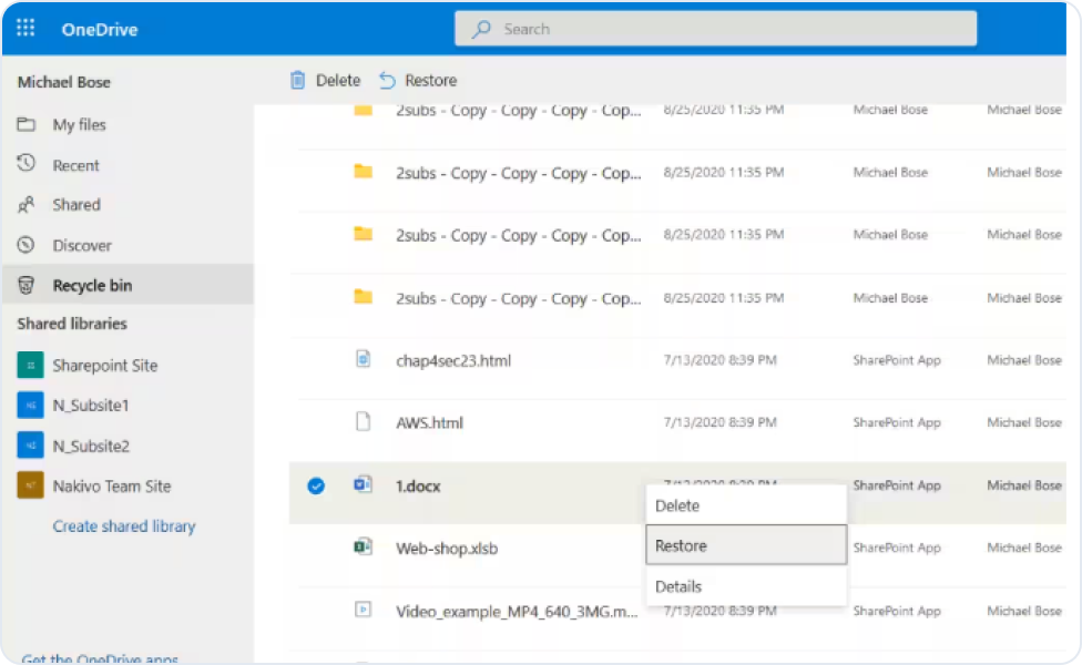 OneDriveのごみ箱からファイルを復元する
