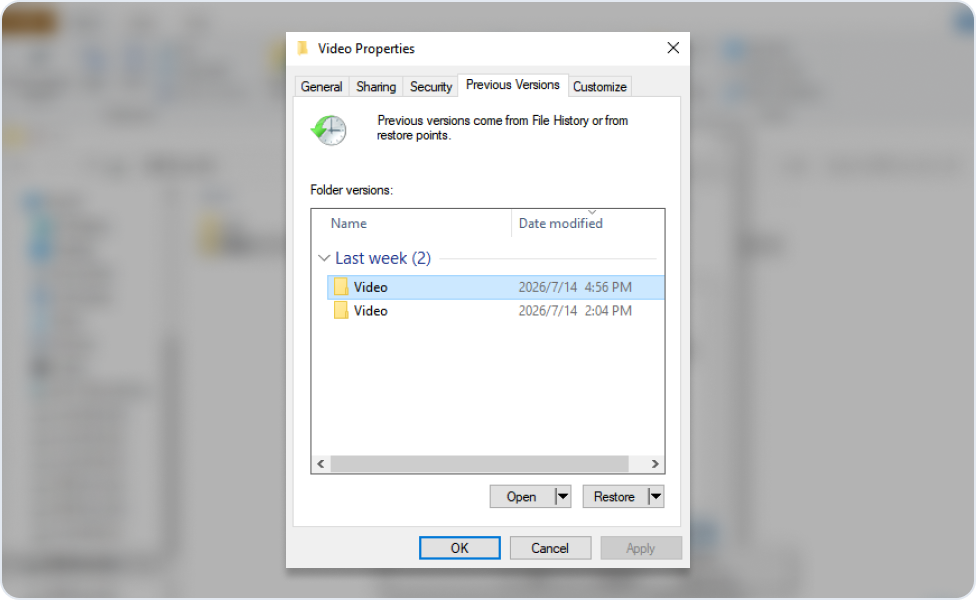 Windowsのフォルダーのプロパティにある[以前のバージョン]タブ